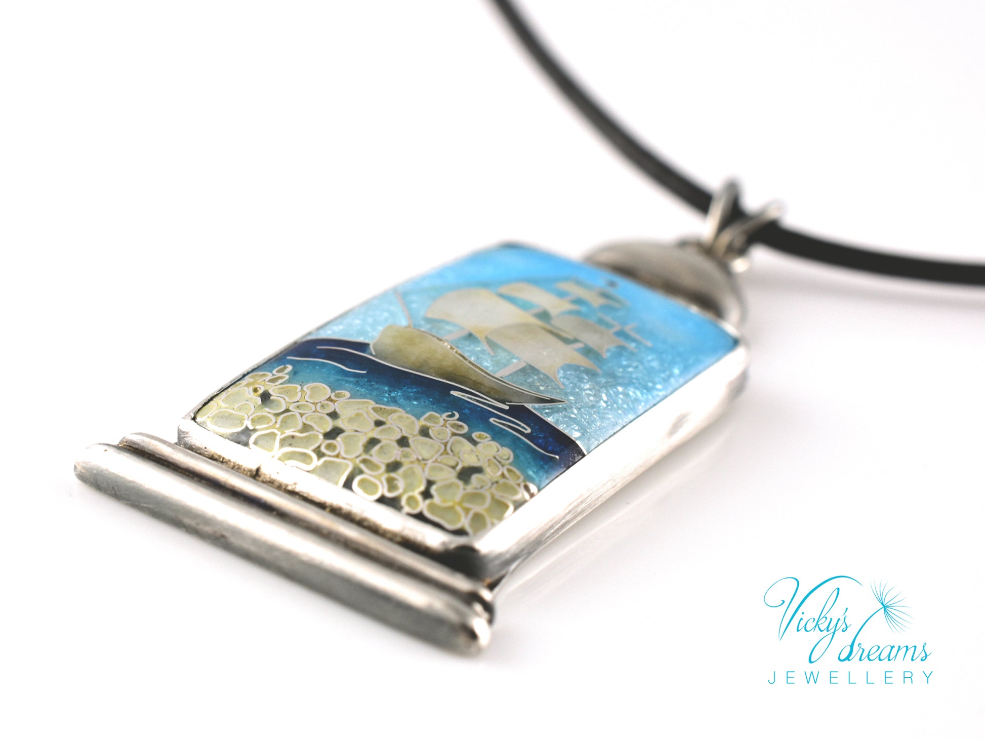 Bright blue Cloisonné enamel necklace with Sea in the Bottle design