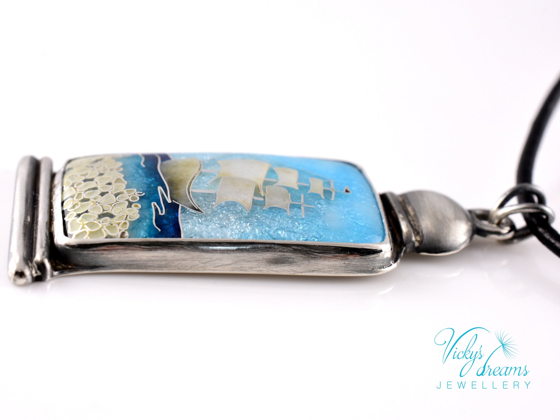 Bright blue Cloisonné enamel necklace with Sea in the Bottle design