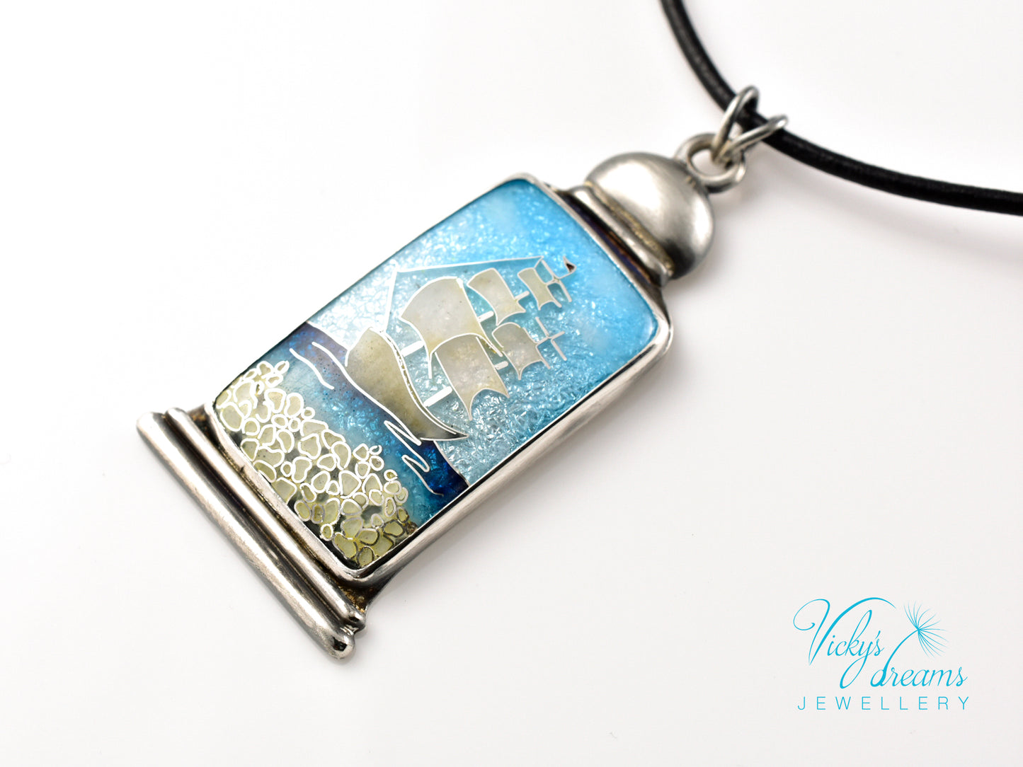 Bright blue Cloisonné enamel necklace with Sea in the Bottle design