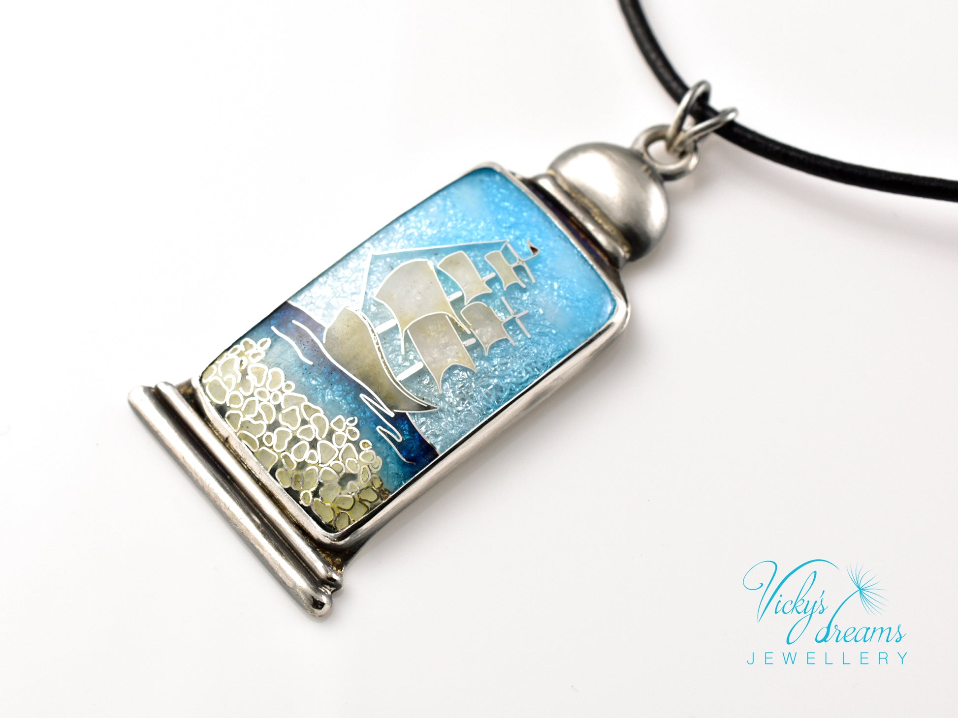 Bright blue Cloisonné enamel necklace with Sea in the Bottle design