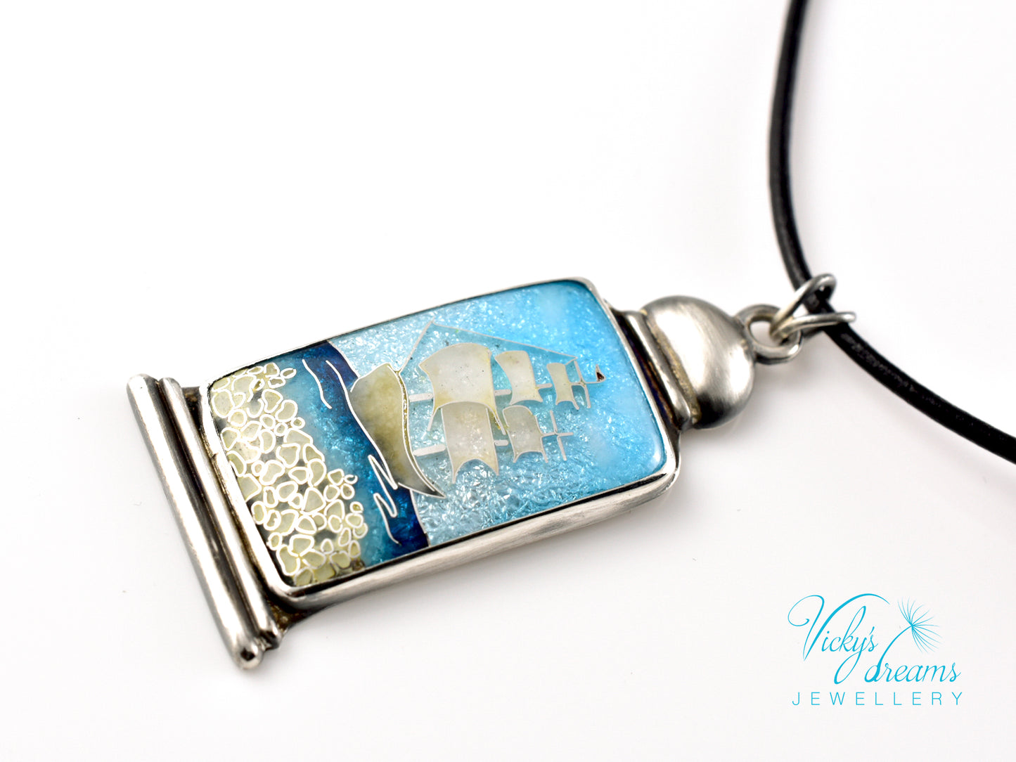Bright blue Cloisonné enamel necklace with Sea in the Bottle design