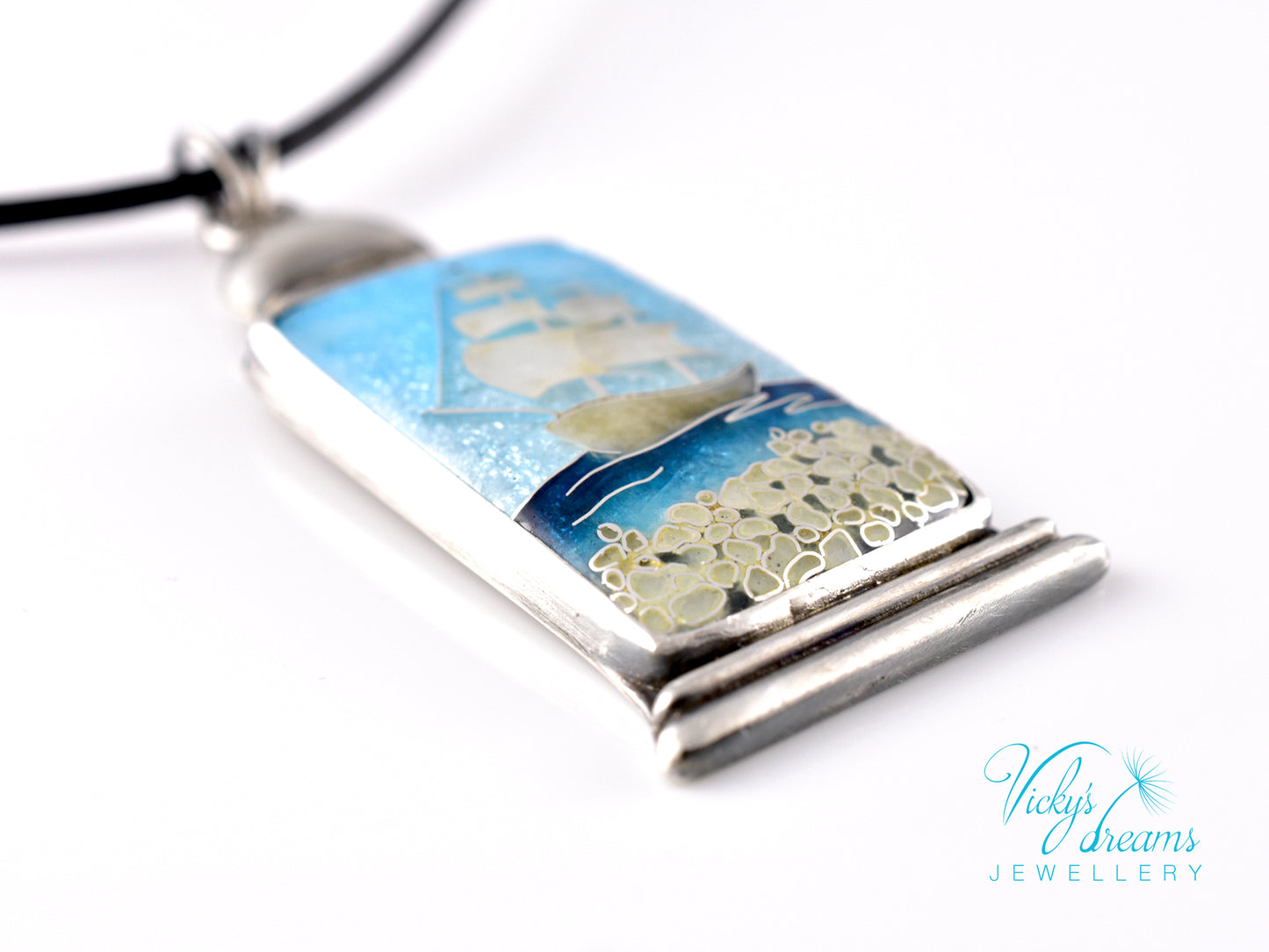 Bright blue Cloisonné enamel necklace with Sea in the Bottle design