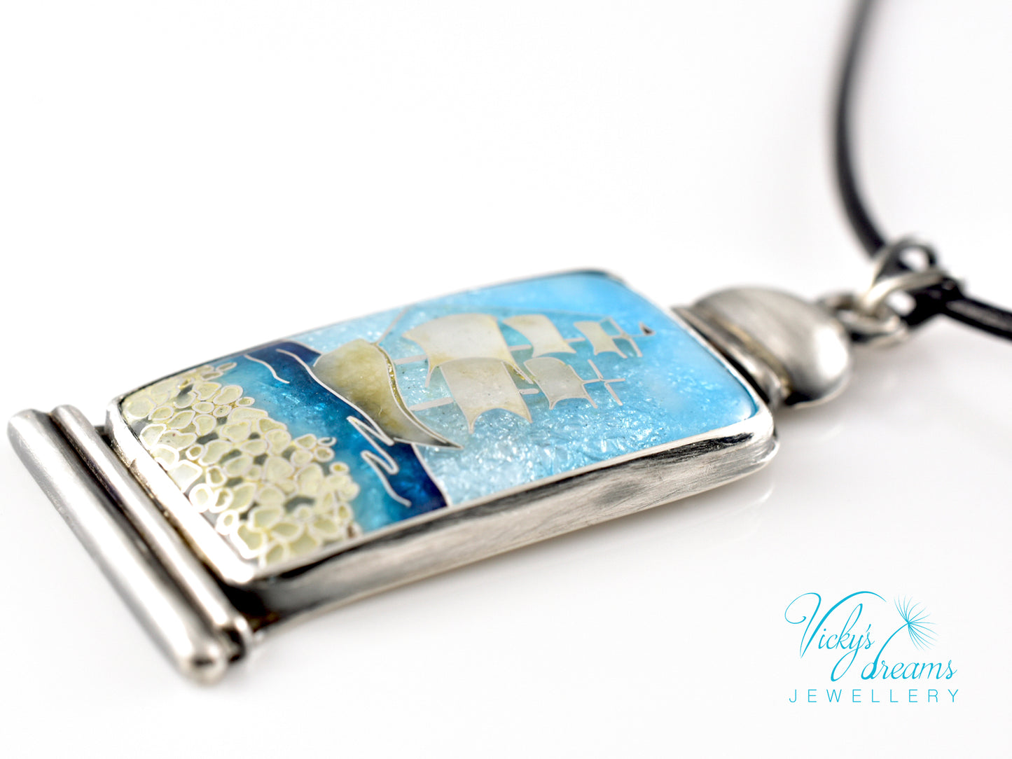 Bright blue Cloisonné enamel necklace with Sea in the Bottle design