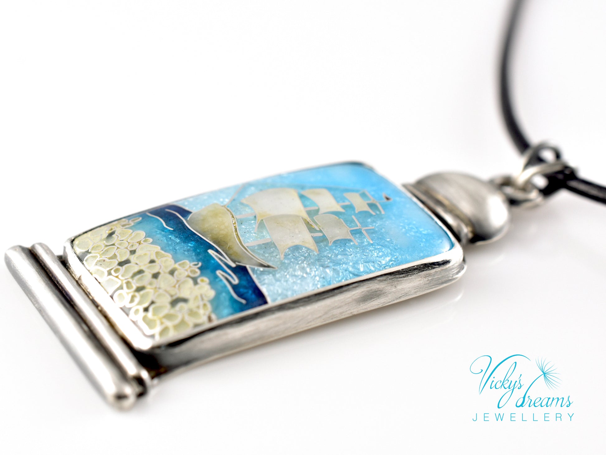 Bright blue Cloisonné enamel necklace with Sea in the Bottle design