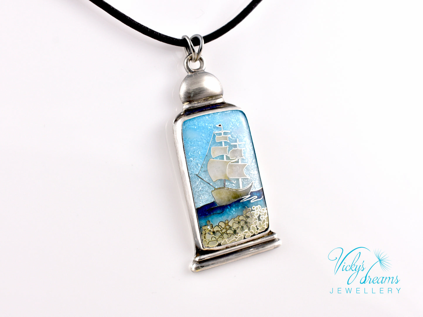 Bright blue Cloisonné enamel necklace with Sea in the Bottle design