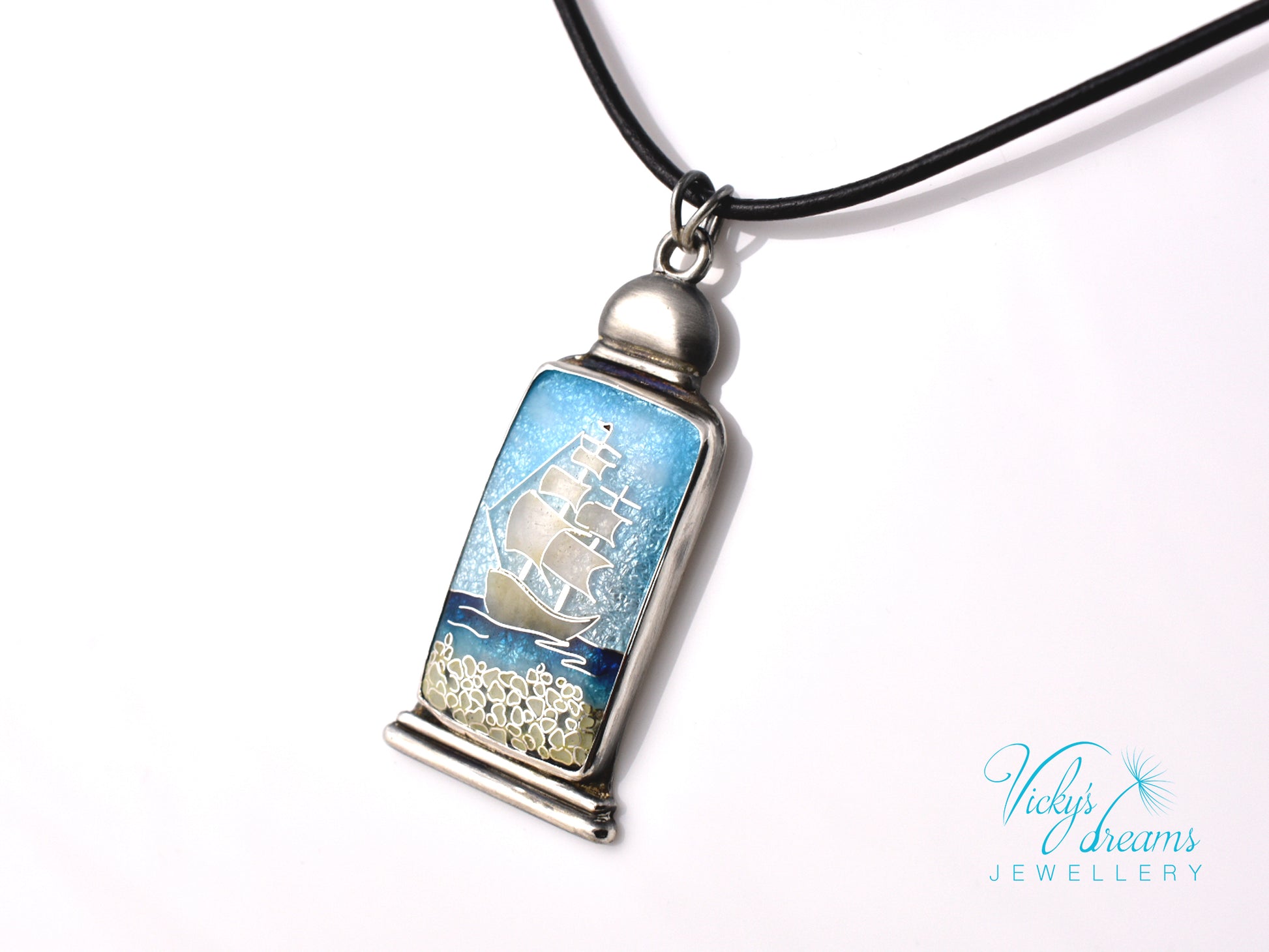 Bright blue Cloisonné enamel necklace with Sea in the Bottle design
