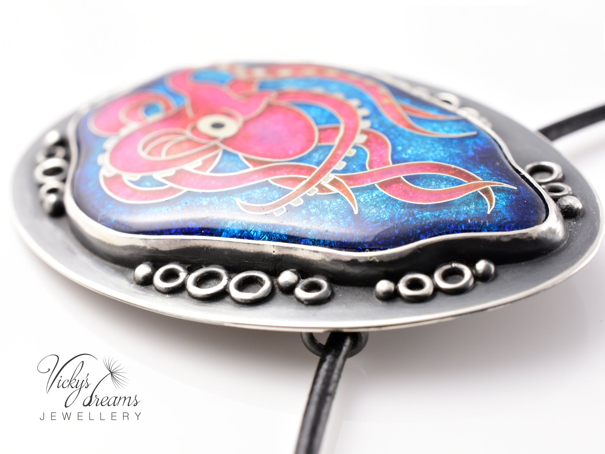 Artisan cloisonné silver pendant with marine life design