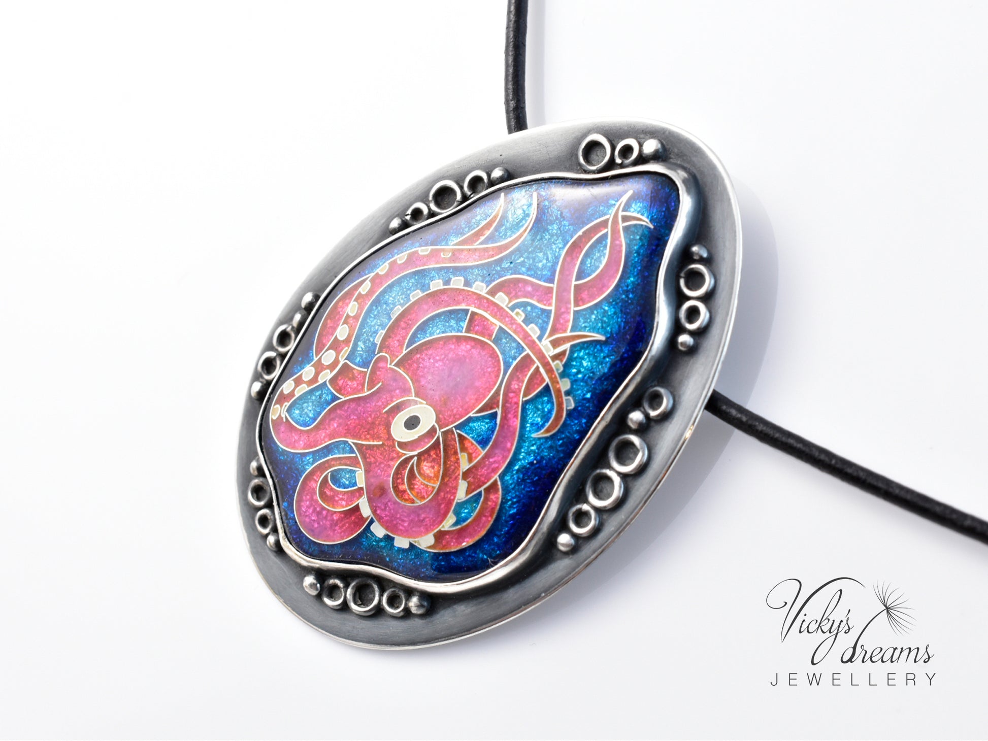 Artisan cloisonné silver pendant with marine life design