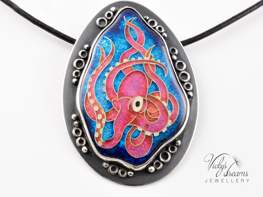 Artisan cloisonné silver pendant with marine life design