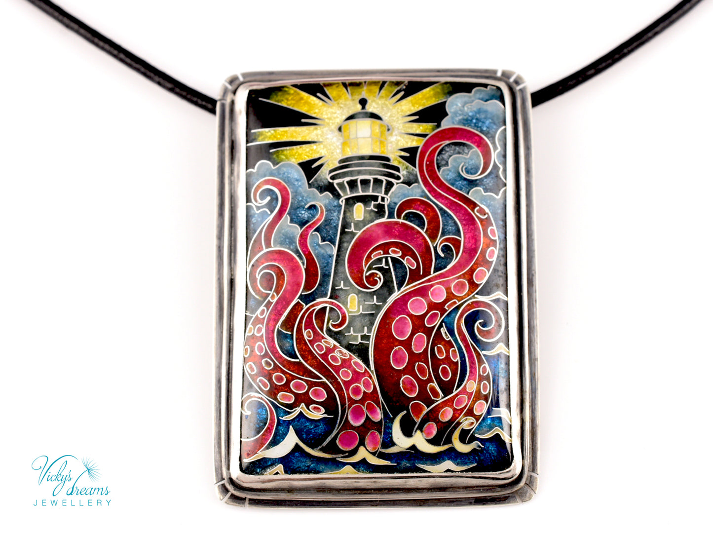 Lighthouse cloisonné enamel pendant with playful octopus on sterling silver