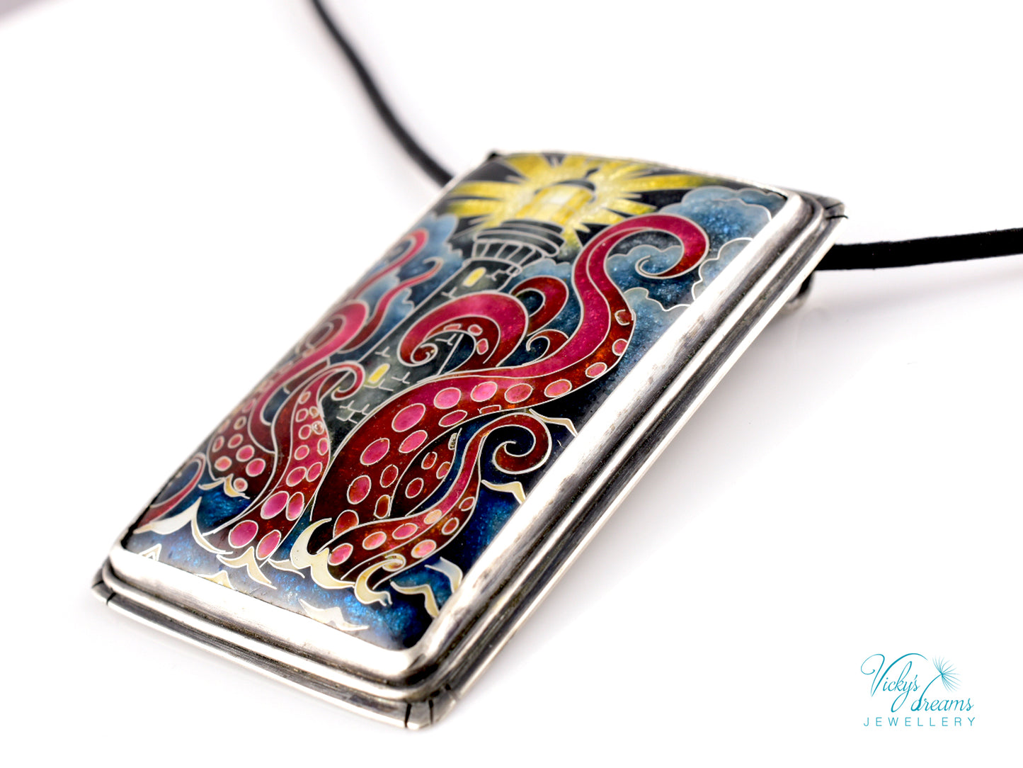 Lighthouse cloisonné enamel pendant with playful octopus on sterling silver
