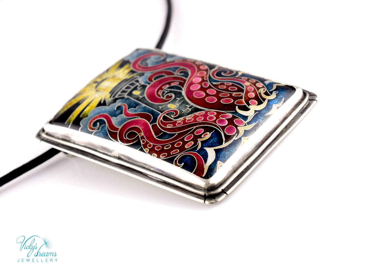 Lighthouse cloisonné enamel pendant with playful octopus on sterling silver