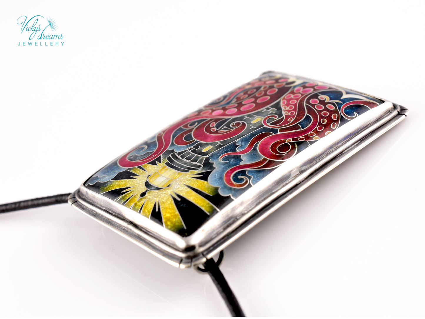 Lighthouse cloisonné enamel pendant with playful octopus on sterling silver