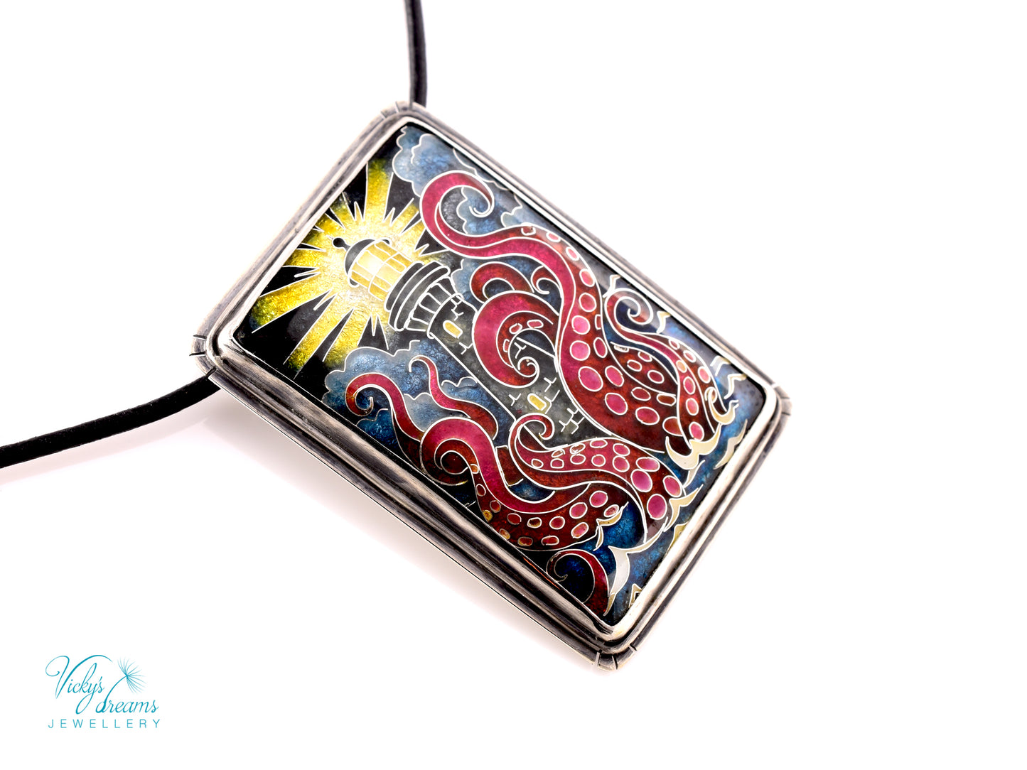 Lighthouse cloisonné enamel pendant with playful octopus on sterling silver