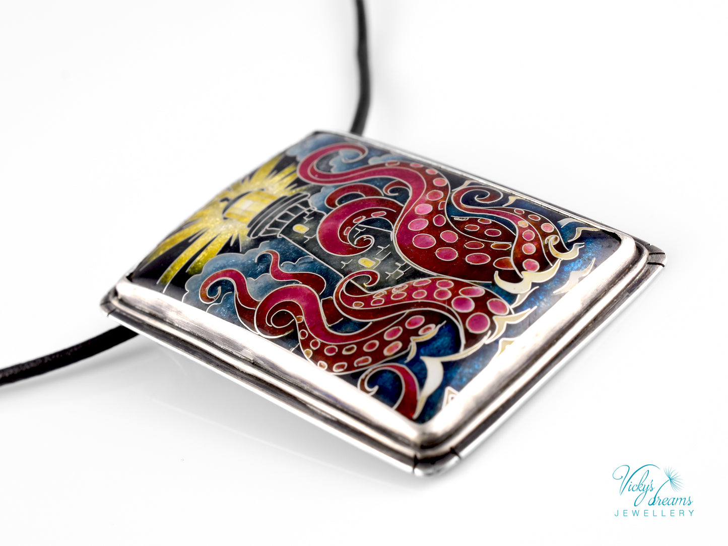Lighthouse cloisonné enamel pendant with playful octopus on sterling silver