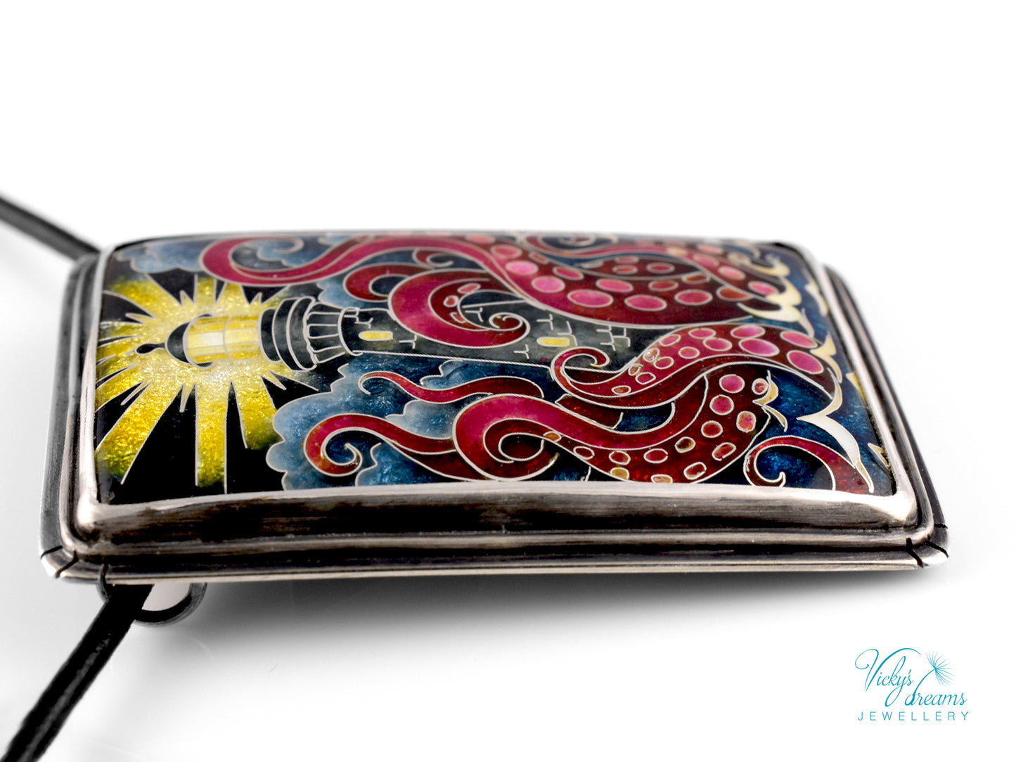 Lighthouse cloisonné enamel pendant with playful octopus on sterling silver
