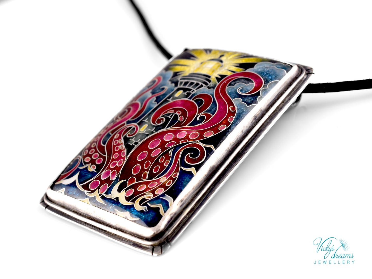 Lighthouse cloisonné enamel pendant with playful octopus on sterling silver