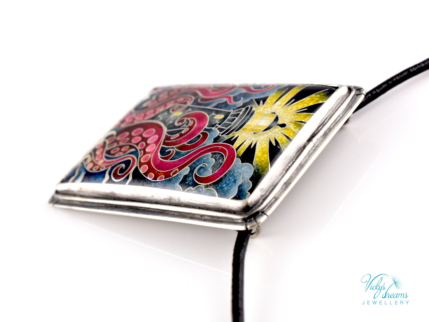 Lighthouse cloisonné enamel pendant with playful octopus on sterling silver