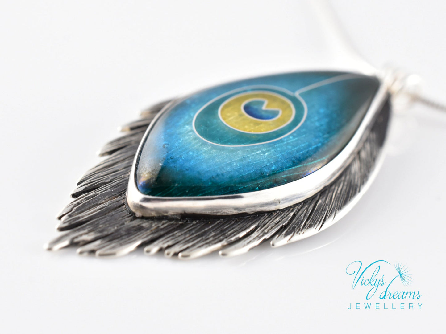 Handmade cloisonné enamel peacock feather pendant in oxidized sterling silver