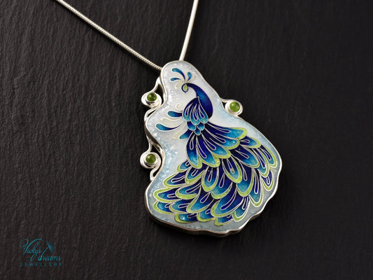 Handmade cloisonné enamel peacock necklace with peridot gemstones in sterling silver