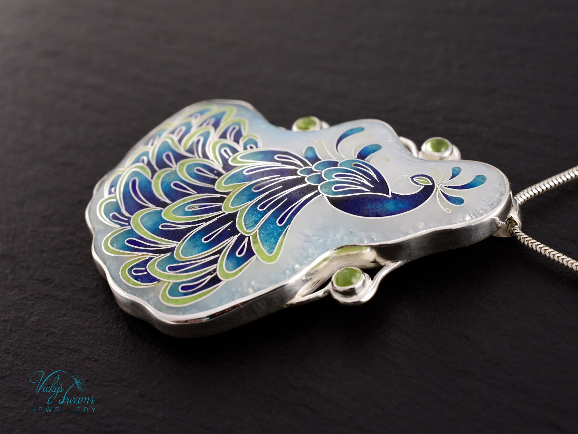 Handmade cloisonné enamel peacock necklace with peridot gemstones in sterling silver