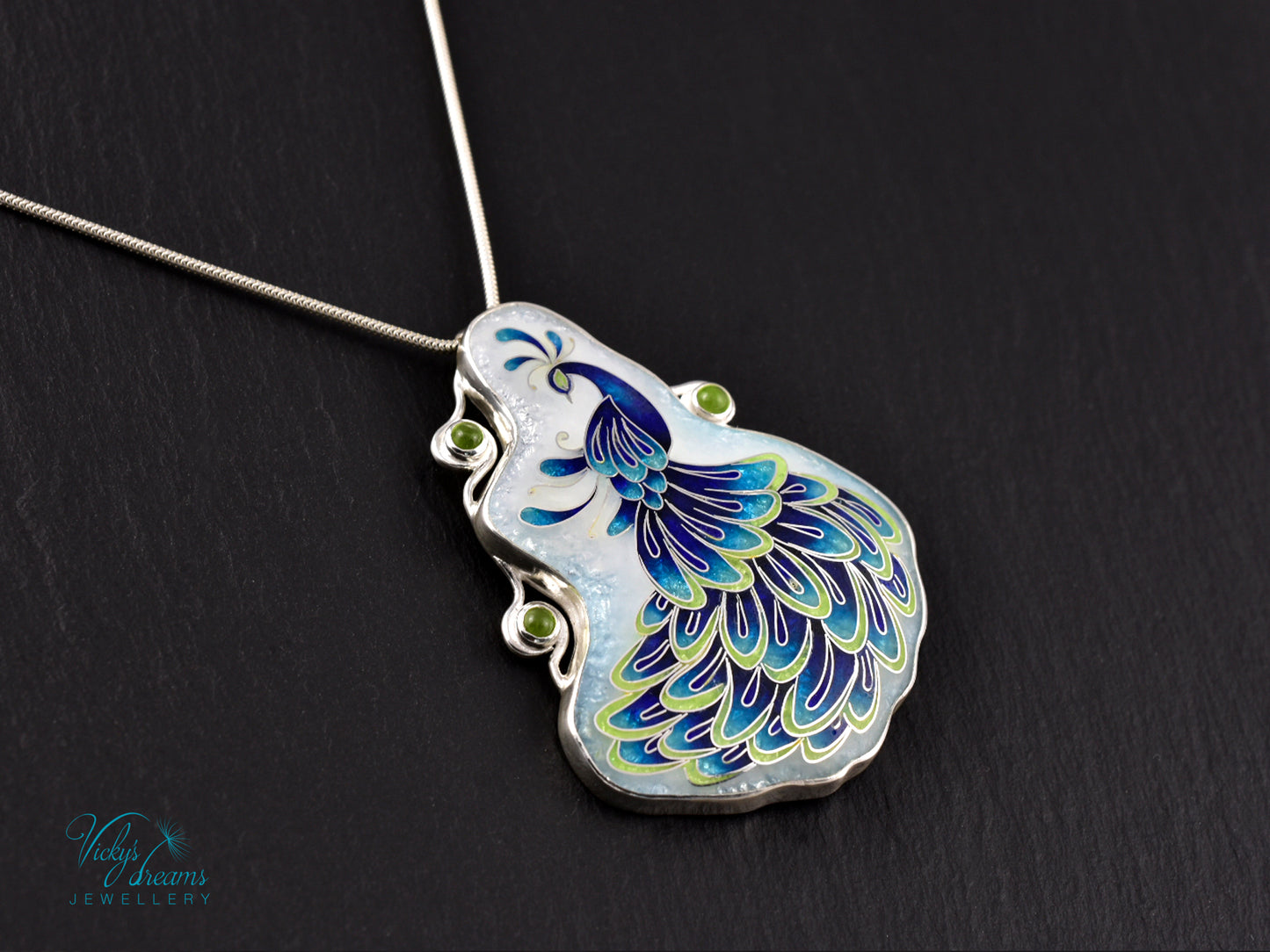 Handmade cloisonné enamel peacock necklace with peridot gemstones in sterling silver