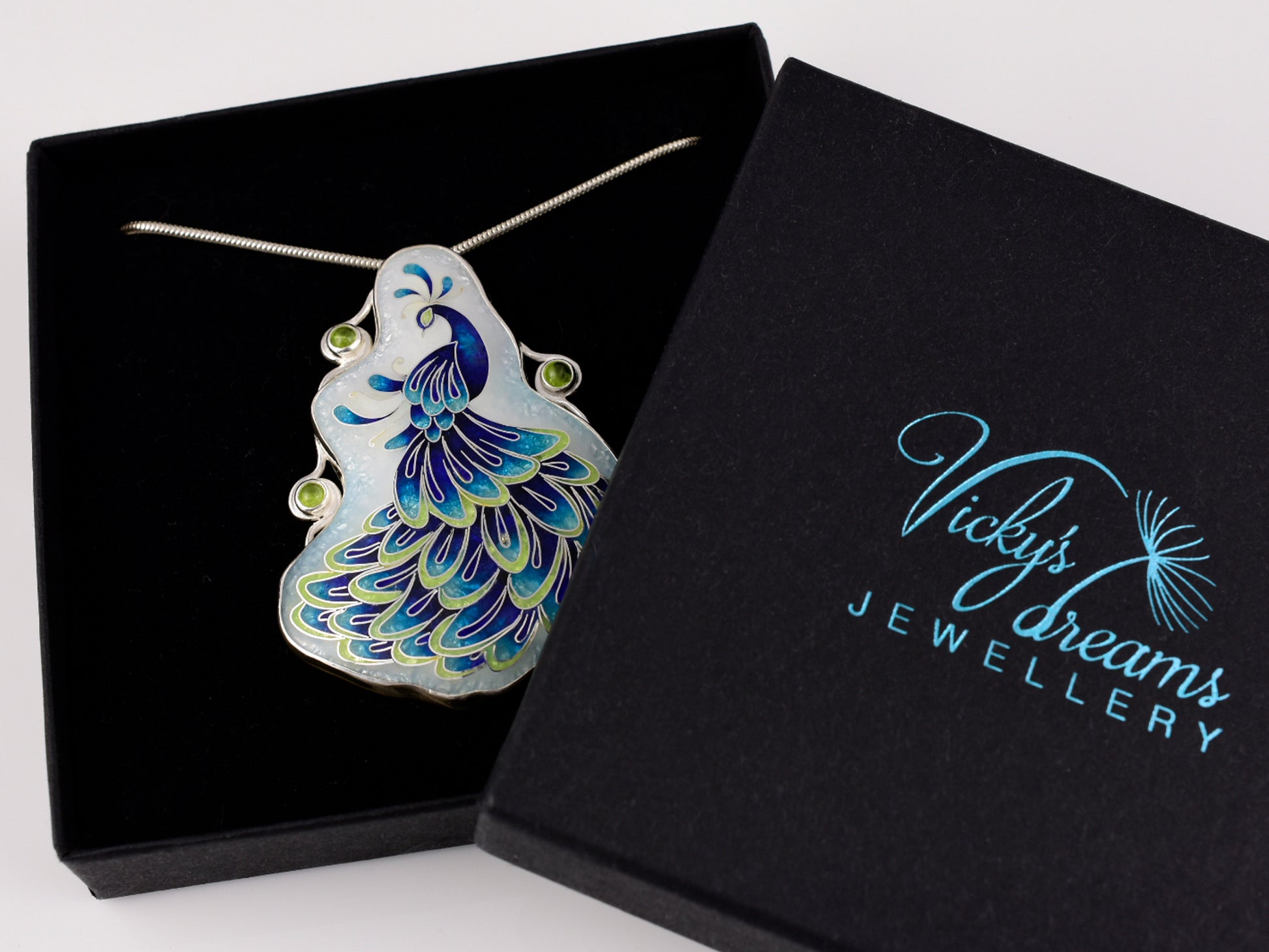 Handmade cloisonné enamel peacock necklace with peridot gemstones in sterling silver