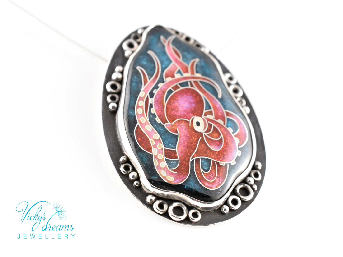 Artisan cloisonné silver pendant with marine life design
