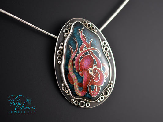 Artisan cloisonné silver pendant with marine life design