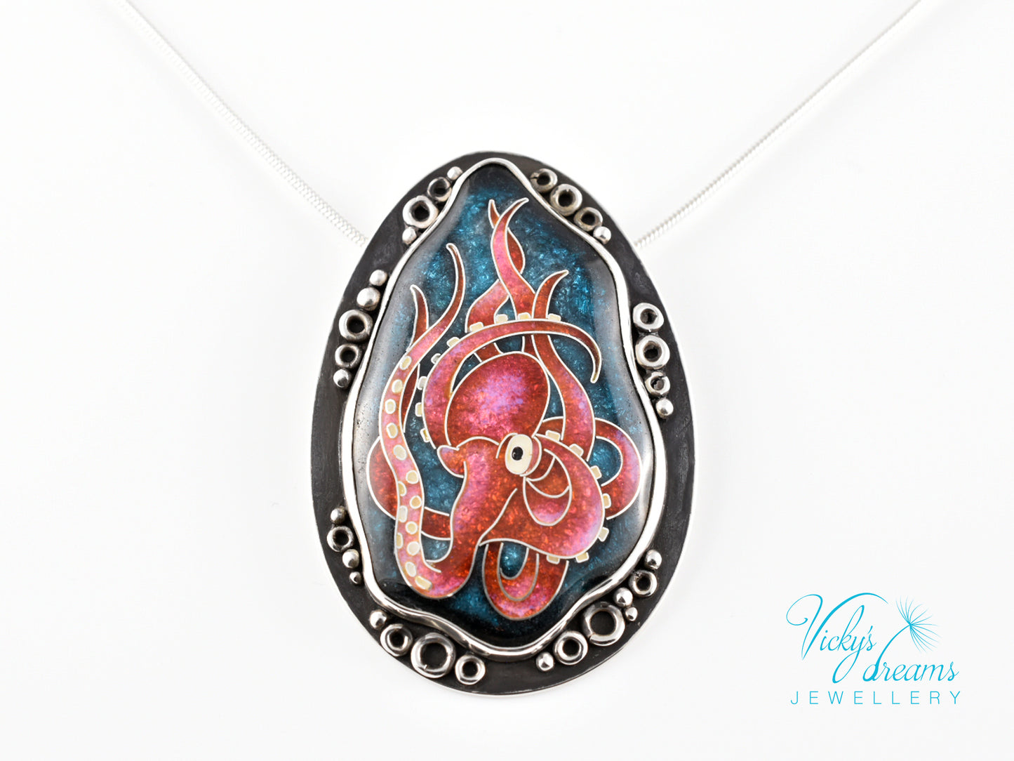 Artisan cloisonné silver pendant with marine life design