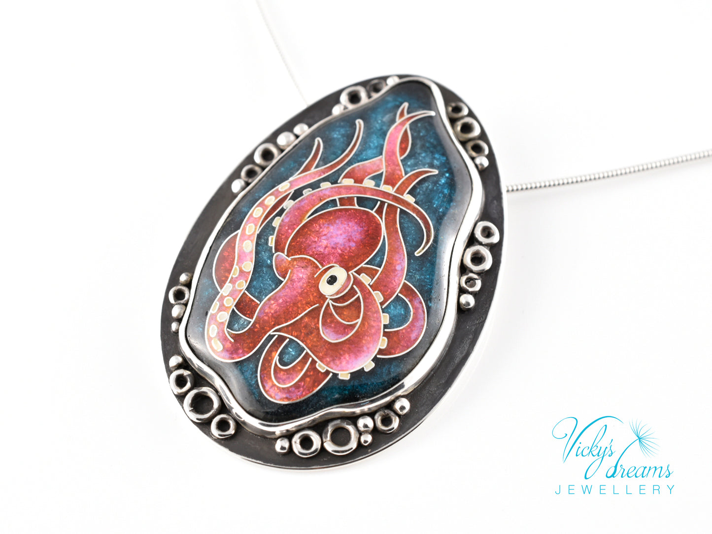 Artisan cloisonné silver pendant with marine life design