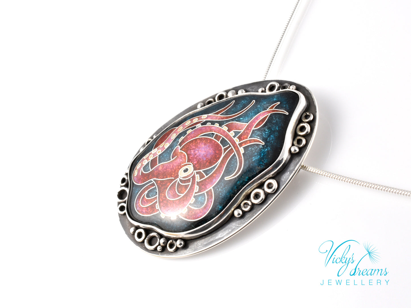 Artisan cloisonné silver pendant with marine life design