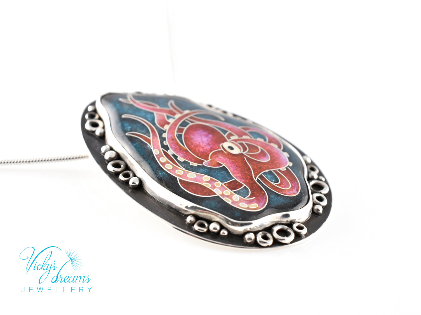 Artisan cloisonné silver pendant with marine life design