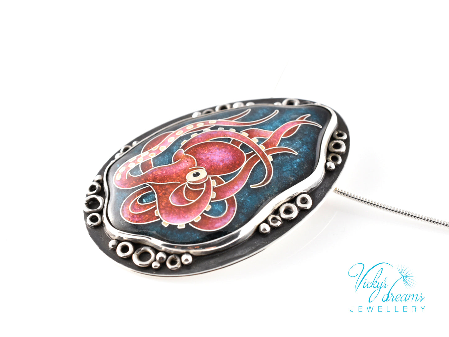Artisan cloisonné silver pendant with marine life design