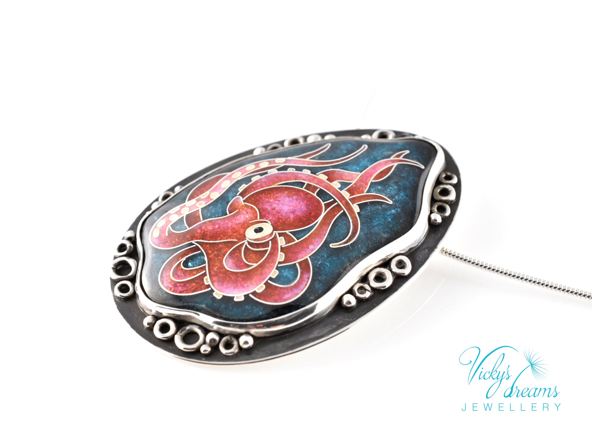 Artisan cloisonné silver pendant with marine life design