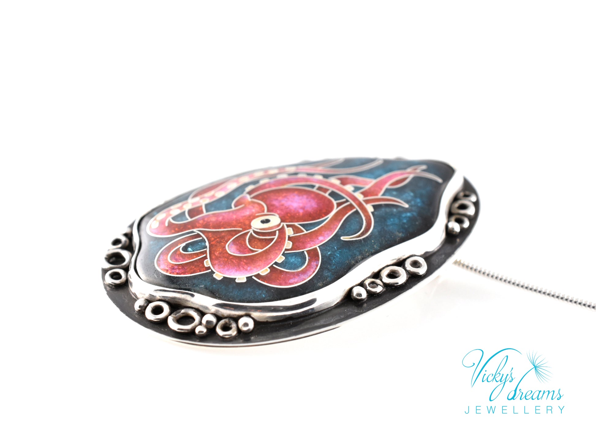 Artisan cloisonné silver pendant with marine life design