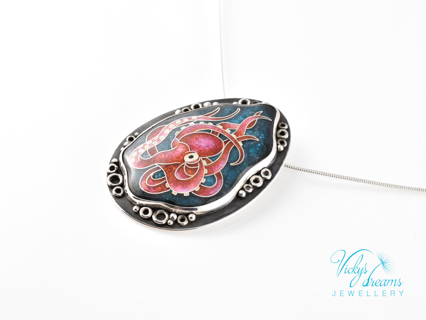 Artisan cloisonné silver pendant with marine life design