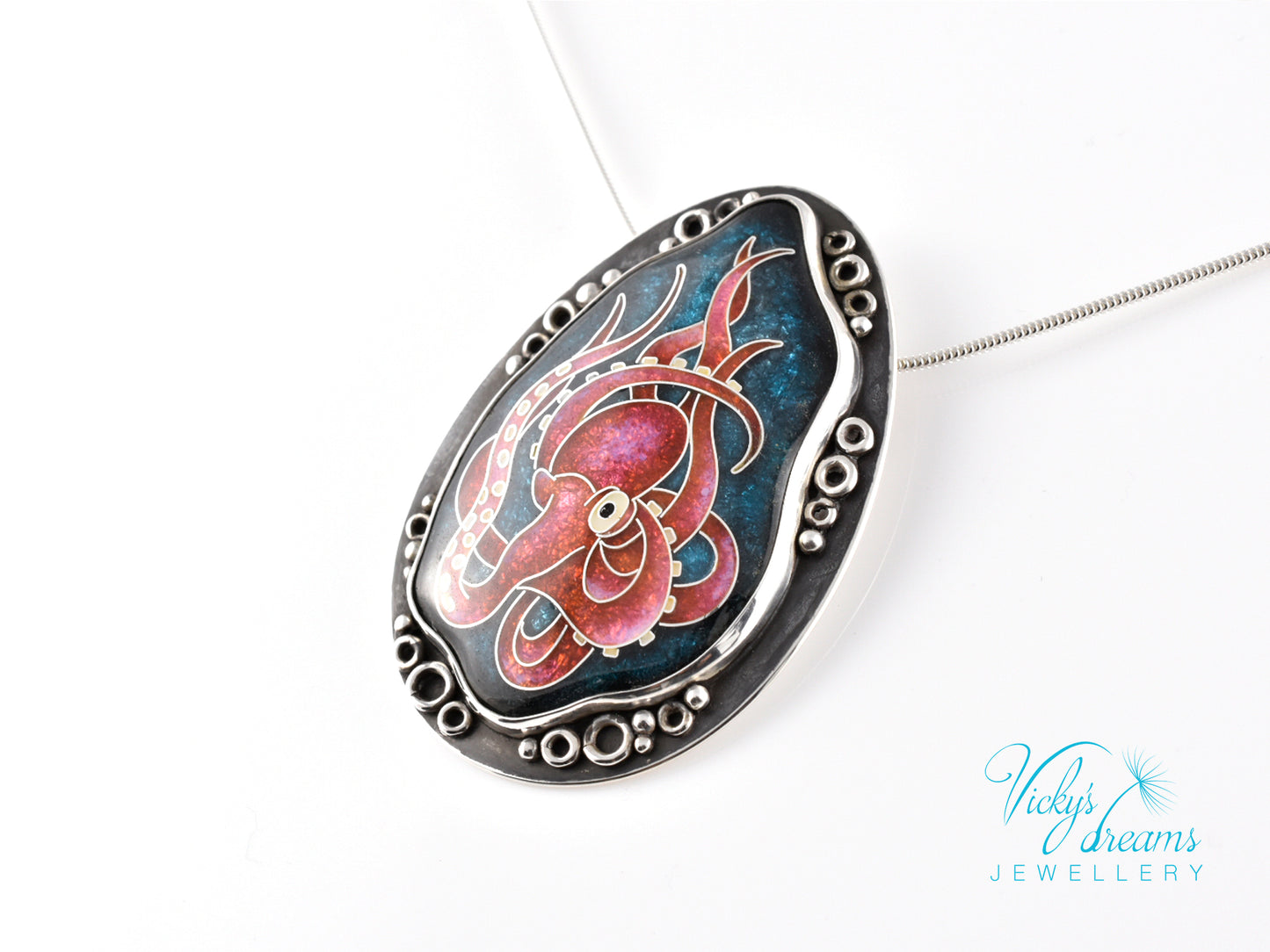 Artisan cloisonné silver pendant with marine life design