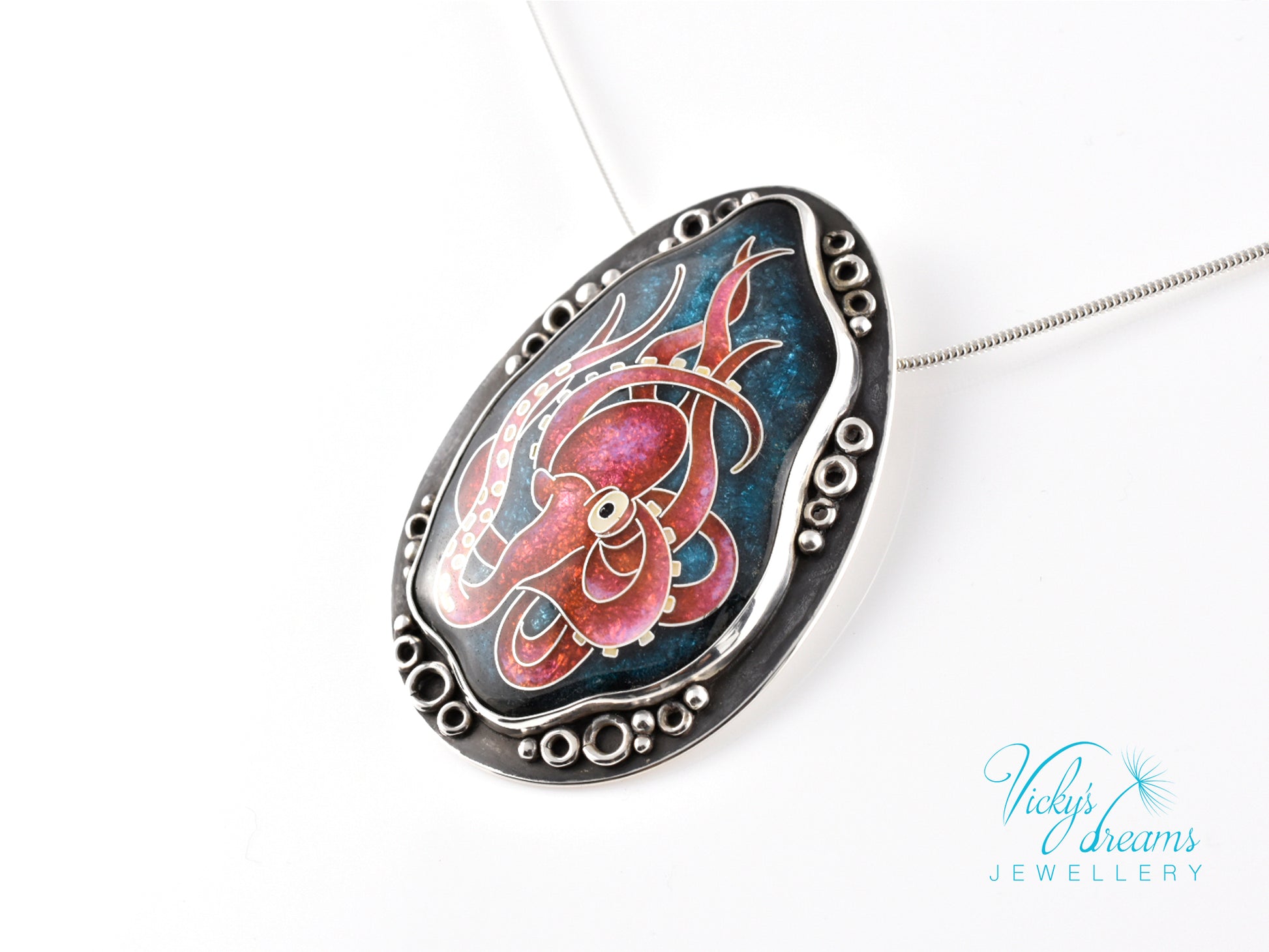 Artisan cloisonné silver pendant with marine life design