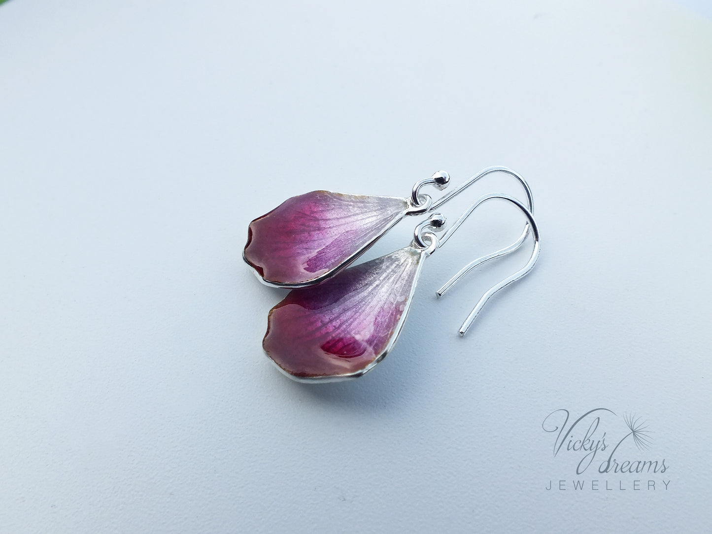 Handmade Pink Flower Petal Earrings – Fine Silver Enamel