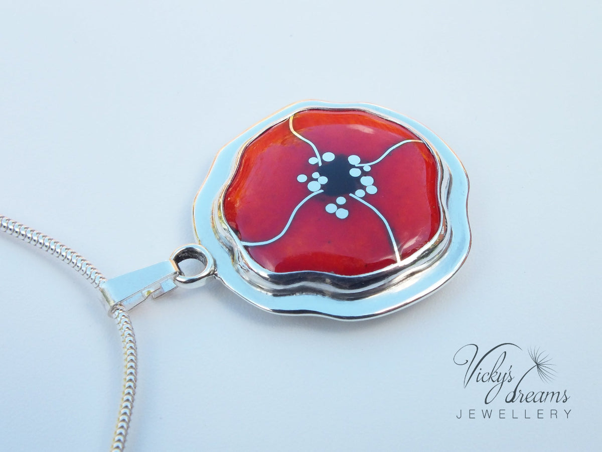 coisonne enamel, poppy design pendant