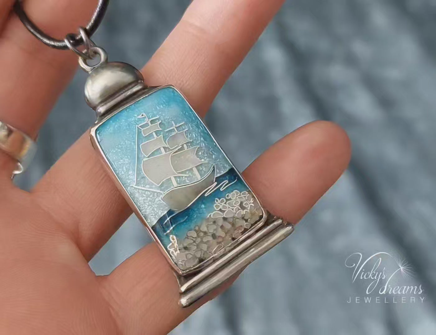 Bright blue Cloisonné enamel necklace with Sea in the Bottle design