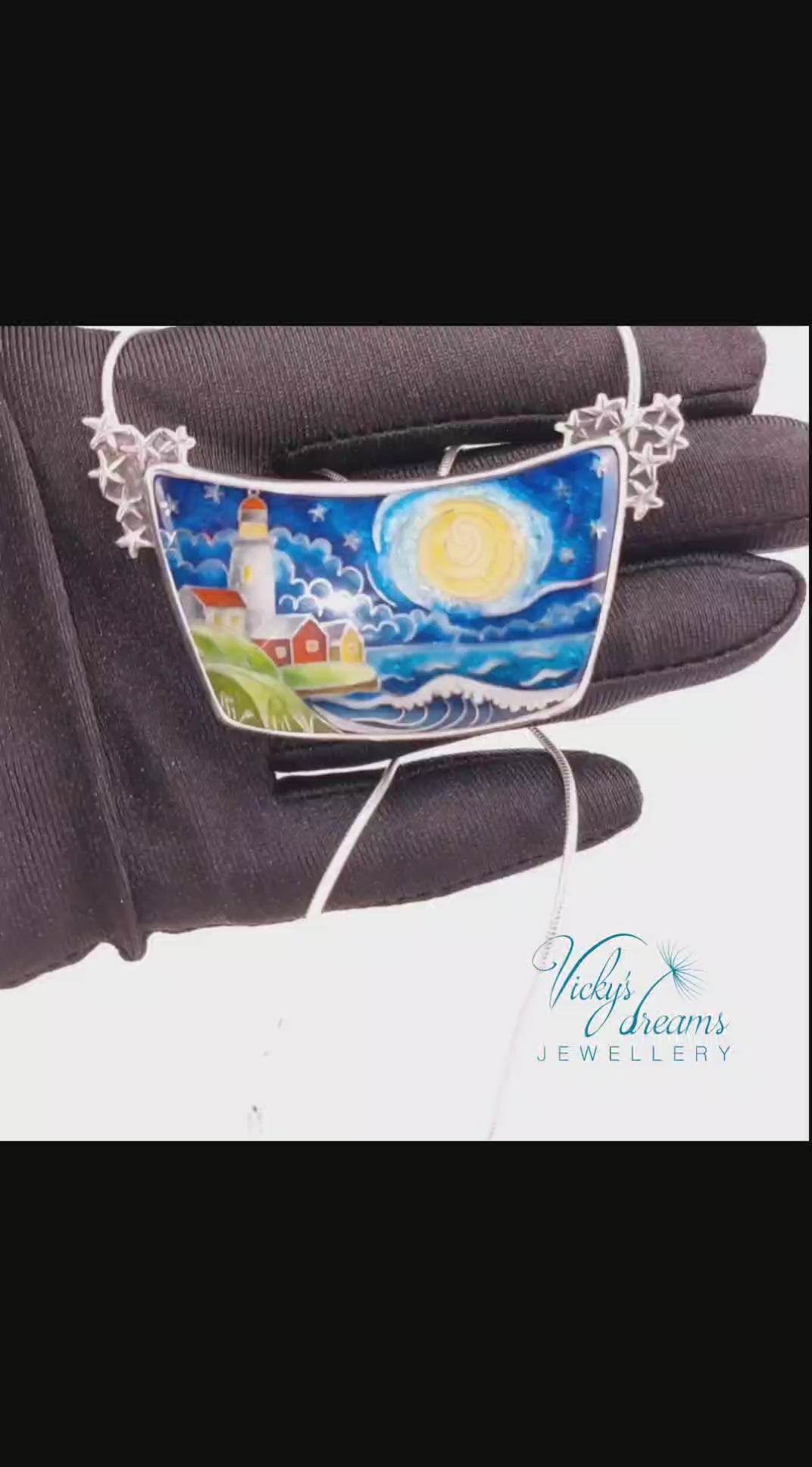 Handmade cloisonné night lighthouse pendant necklace in sterling silver