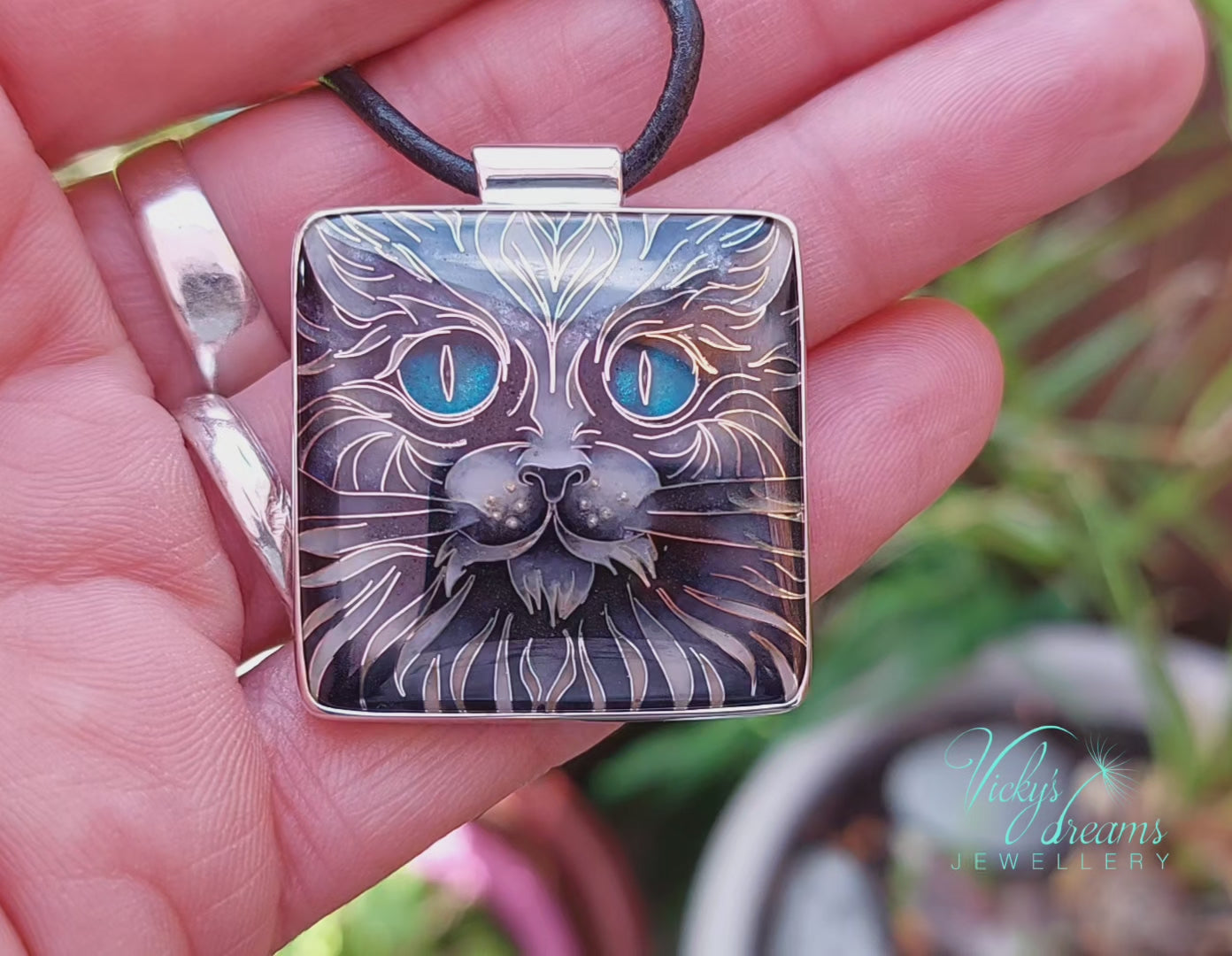 Handmade cloisonné blue-eyed cat pendant necklace in sterling silver