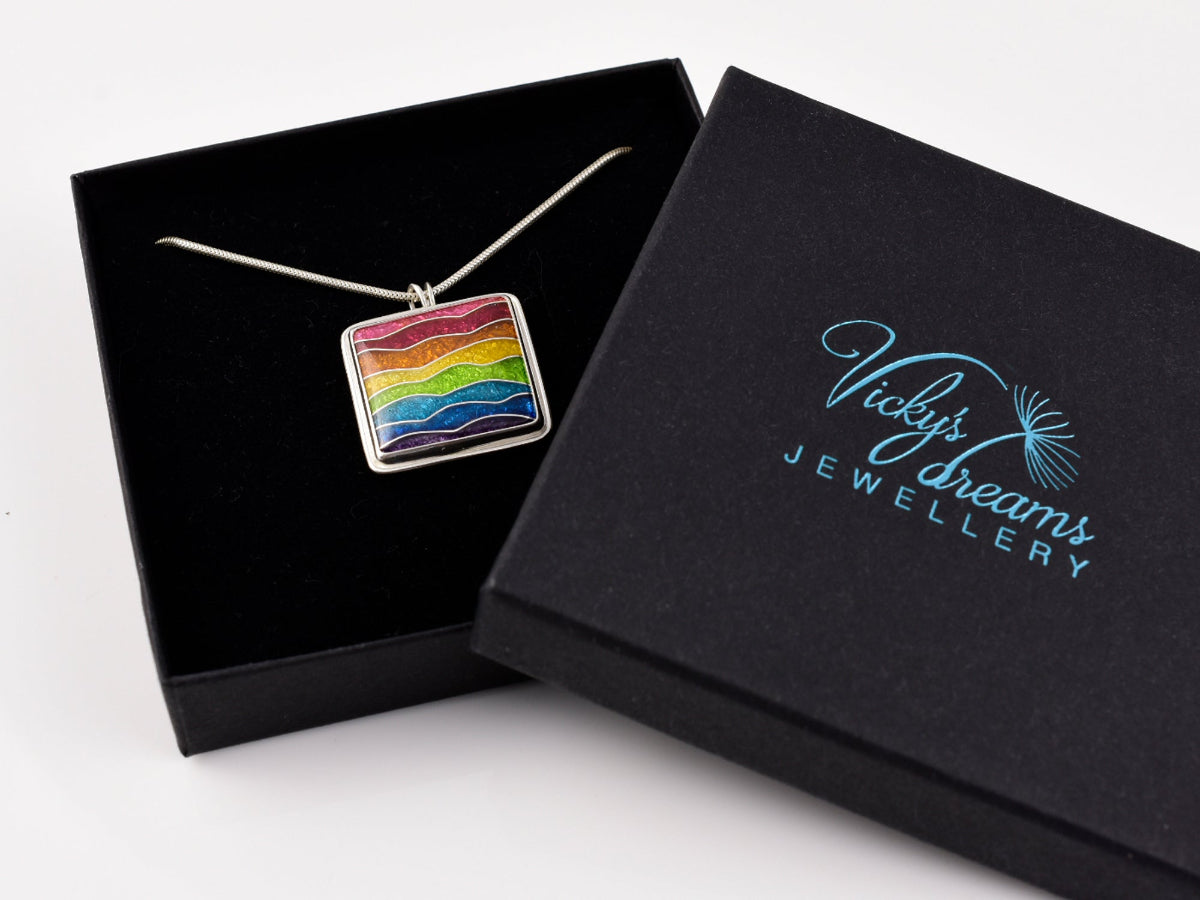 Handmade cloisonné rainbow waves pendant necklace in sterling silver