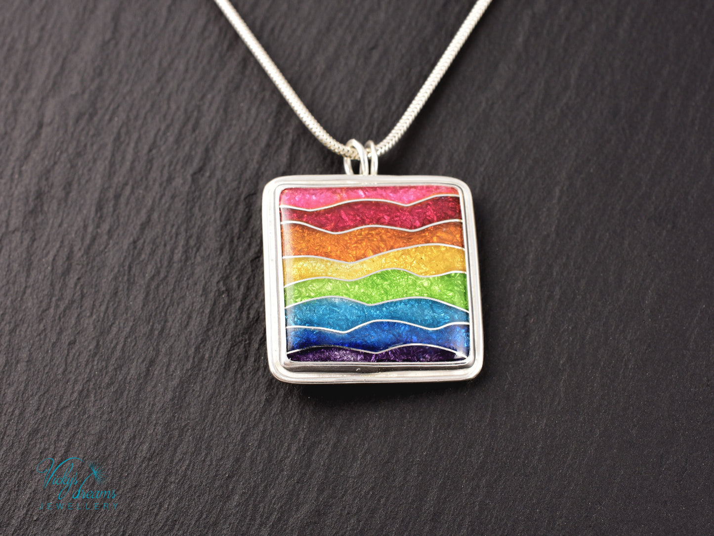 Handmade cloisonné rainbow waves pendant necklace in sterling silver