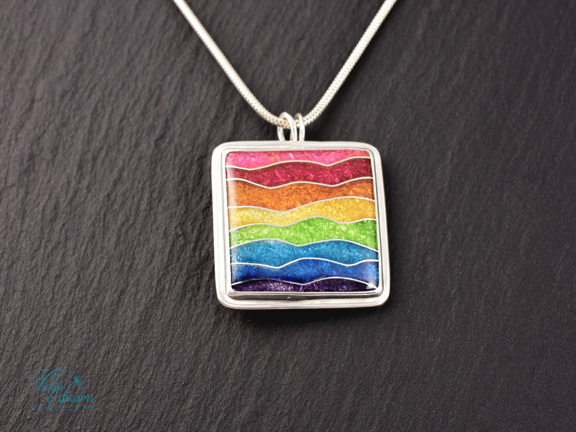 Handmade cloisonné rainbow waves pendant necklace in sterling silver