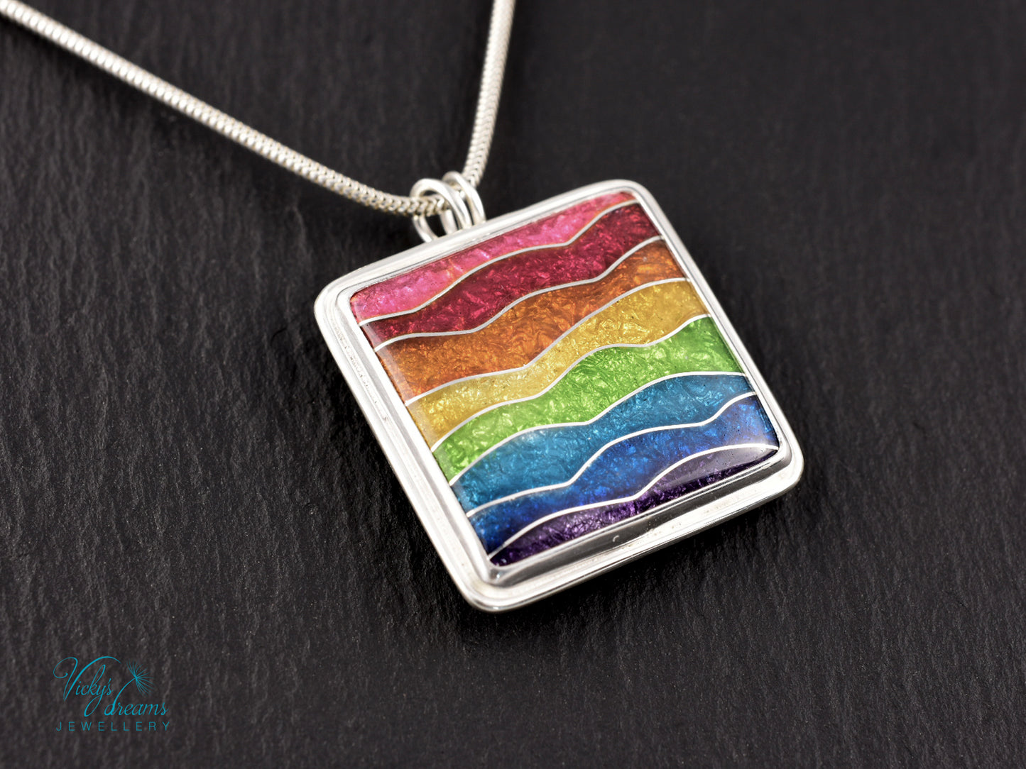 Handmade cloisonné rainbow waves pendant necklace in sterling silver
