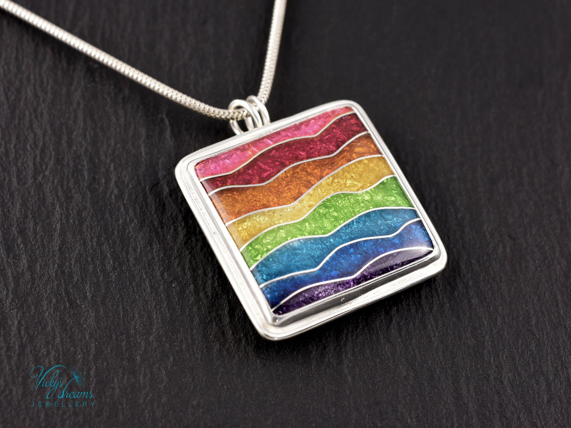 Handmade cloisonné rainbow waves pendant necklace in sterling silver
