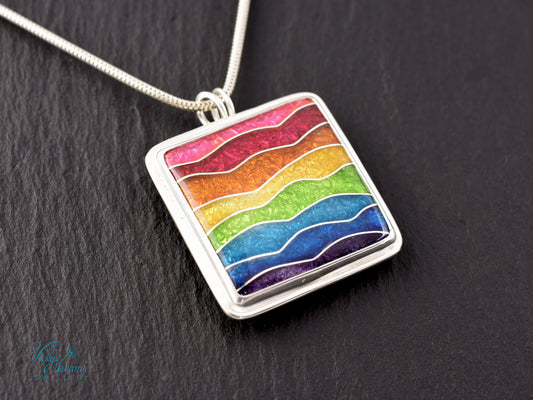 Handmade cloisonné rainbow waves pendant necklace in sterling silver